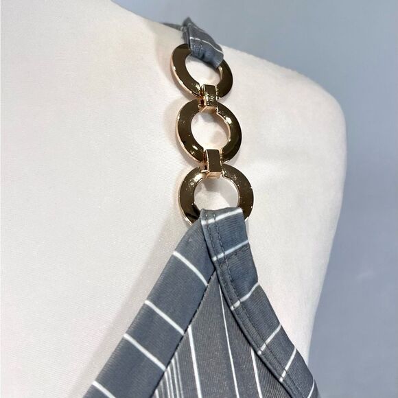 Gray & white striped cotton blend tank top with gold link straps size small NWT - Picture 4 of 6